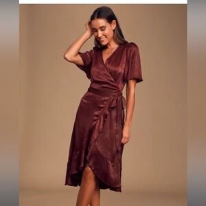NWT!! Lulus Wrapped Up In Love Burgundy Satin Faux-Wrap Midi Dress Large
